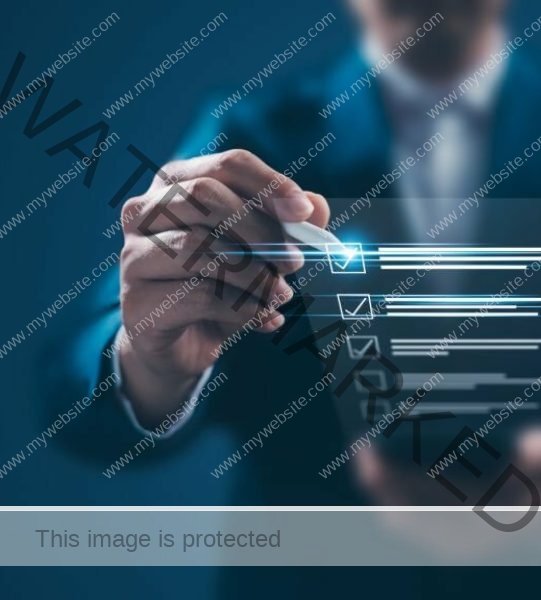 Business performance monitoring concept, businessman using smartphone Online survey filling out, digital form checklist, blue background.