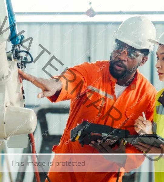 Diversity Professional Engineer training and discussing in Robot Development Plant, smart factory and Industry Engineering Intelligence Innovation Technology concept