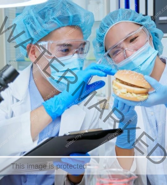 food safety concept - asian quality control expert scientist team are watching hamburger specimen on woman hands and discussing in the laboratory